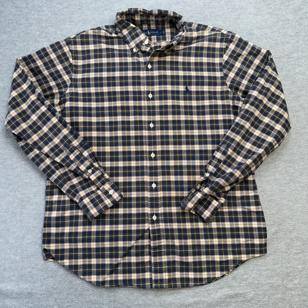 Polo Ralph Lauren Shirt Mens Large Blue Cream Tartan Plaid Oxford Button Down - Picture 2 of 9